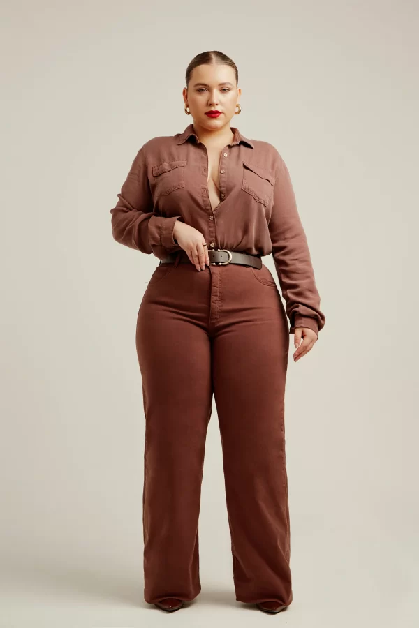 Calça Jeans Modeladora Wide Leg Coffee Cós Super Alto - Image 2