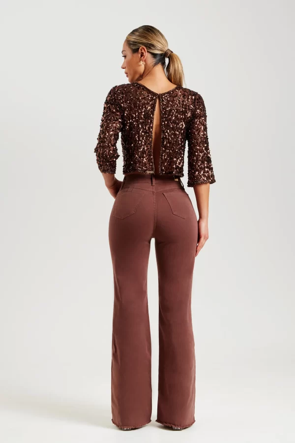 Calça Jeans Modeladora Wide Leg Coffee Cós Super Alto - Image 3
