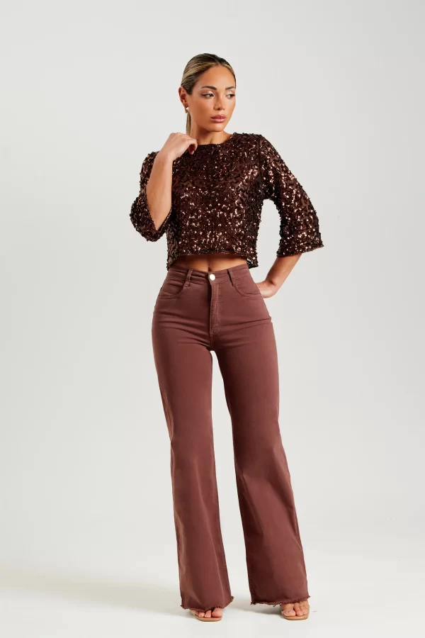 Calça Jeans Modeladora Wide Leg Coffee Cós Super Alto - Image 7